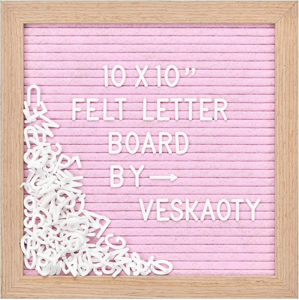 Felt Letter Board with 294 Letters, Numbers & Symbols - 10 X 10 Inch Changeable Message Board with Wooden Frame Wall Mount Hook, Pink & Wood