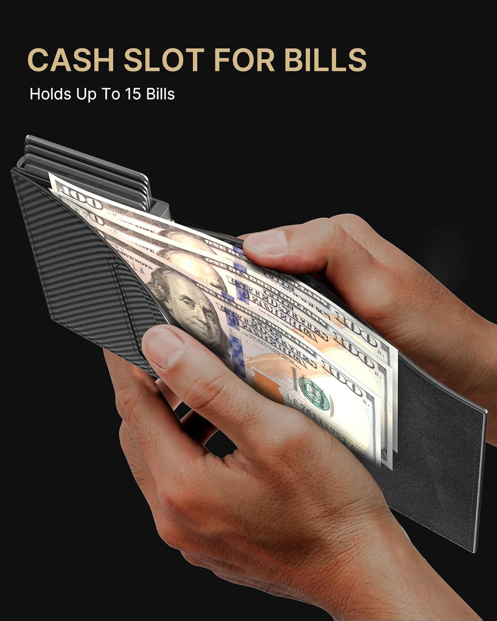 Mens Wallet Card Holder: Pop up Aluminum Case, Genuine Leather, Smart, RFID Blocking, Slim, Minimalist, Front Pocket - 9-14 Card Capacity | ID Window | Cash Slot (Carbon Fiber)