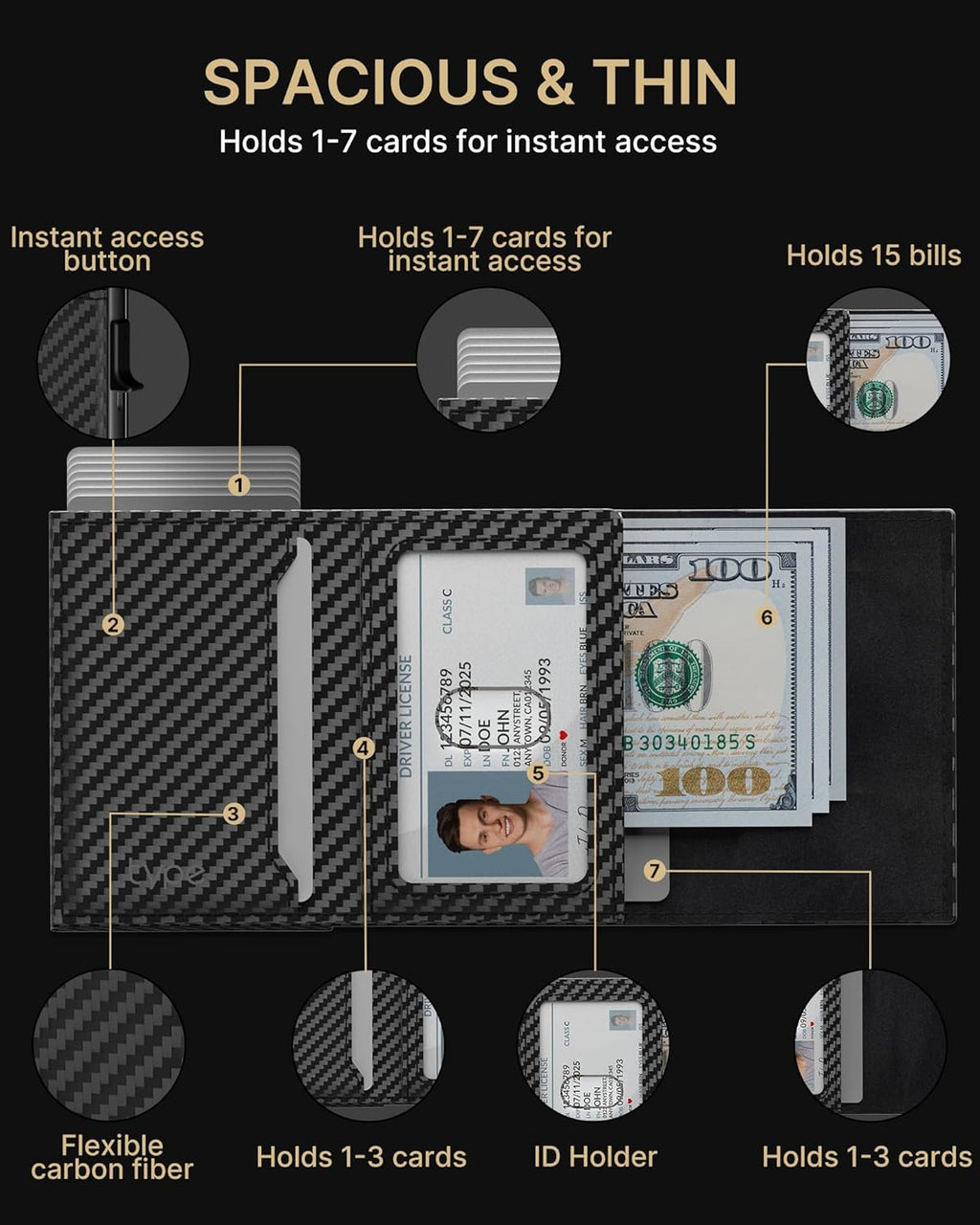 Mens Wallet Card Holder: Pop up Aluminum Case, Genuine Leather, Smart, RFID Blocking, Slim, Minimalist, Front Pocket - 9-14 Card Capacity | ID Window | Cash Slot (Carbon Fiber)